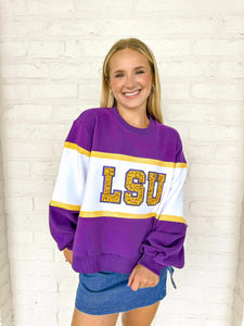 Queen Of Sparkles LSU Color-block Jewel Letter Sweatshirt