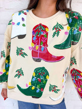 Load image into Gallery viewer, Queen Of Sparkles Beige Multi Christmas Cowboy Boots Sweatshirt
