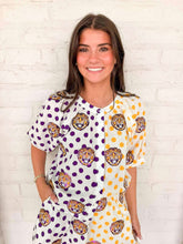 Load image into Gallery viewer, Queen Of Sparkles Licensed LSU Mascot Polka Dot Colorblock Button Up Top
