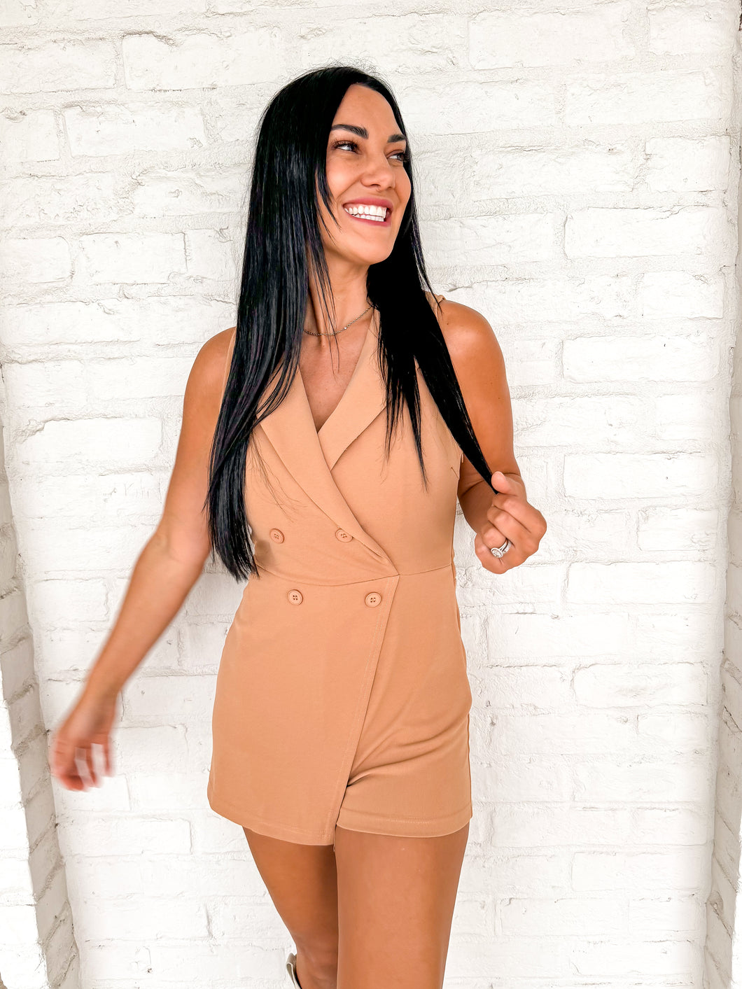 Chic Surplice Blazer Romper Taupe