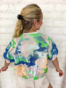 Queen Of Sparkles Beige, Blue & Green Camo Top