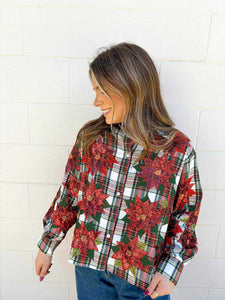 Queen Of Sparkles Red,Green, & White Plaid Poinsettia Button Up Top