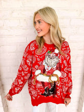 Load image into Gallery viewer, Queen Of Sparkles Red &amp; White Paisley Print Cowboy Santa Sweater
