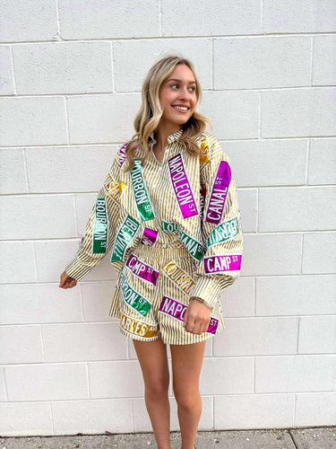 Queen Of Sparkles Metallic Gold Stripe Nola Street Sign Short