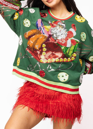Queen Of Sparkles Dark Green Vintage Jingle Bell Santa Sweatshirt