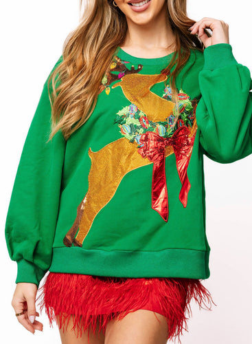 Queen Of Sparkles Green Rhinestone Rudolph Wreath Sweatshirt
