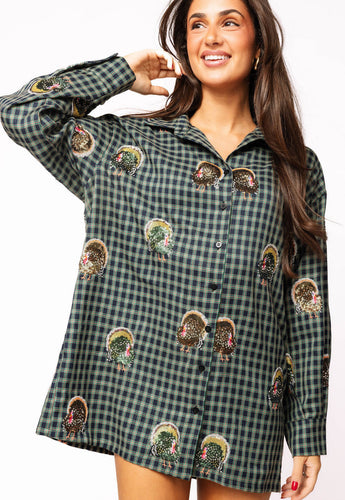 Queen Of Sparkles Navy Plaid Scattered Turkey Button Up Dress