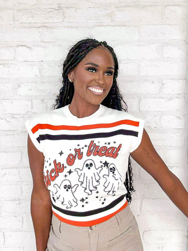 Queen Of Sparkles Trick Or Treat White Sweater Top
