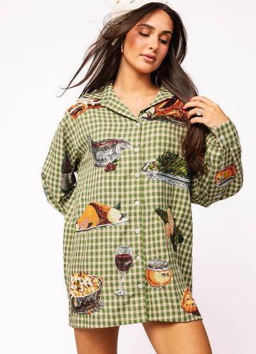 Queen Of Sparkles Green Plaid Thanksgiving Icons Button Up Dress