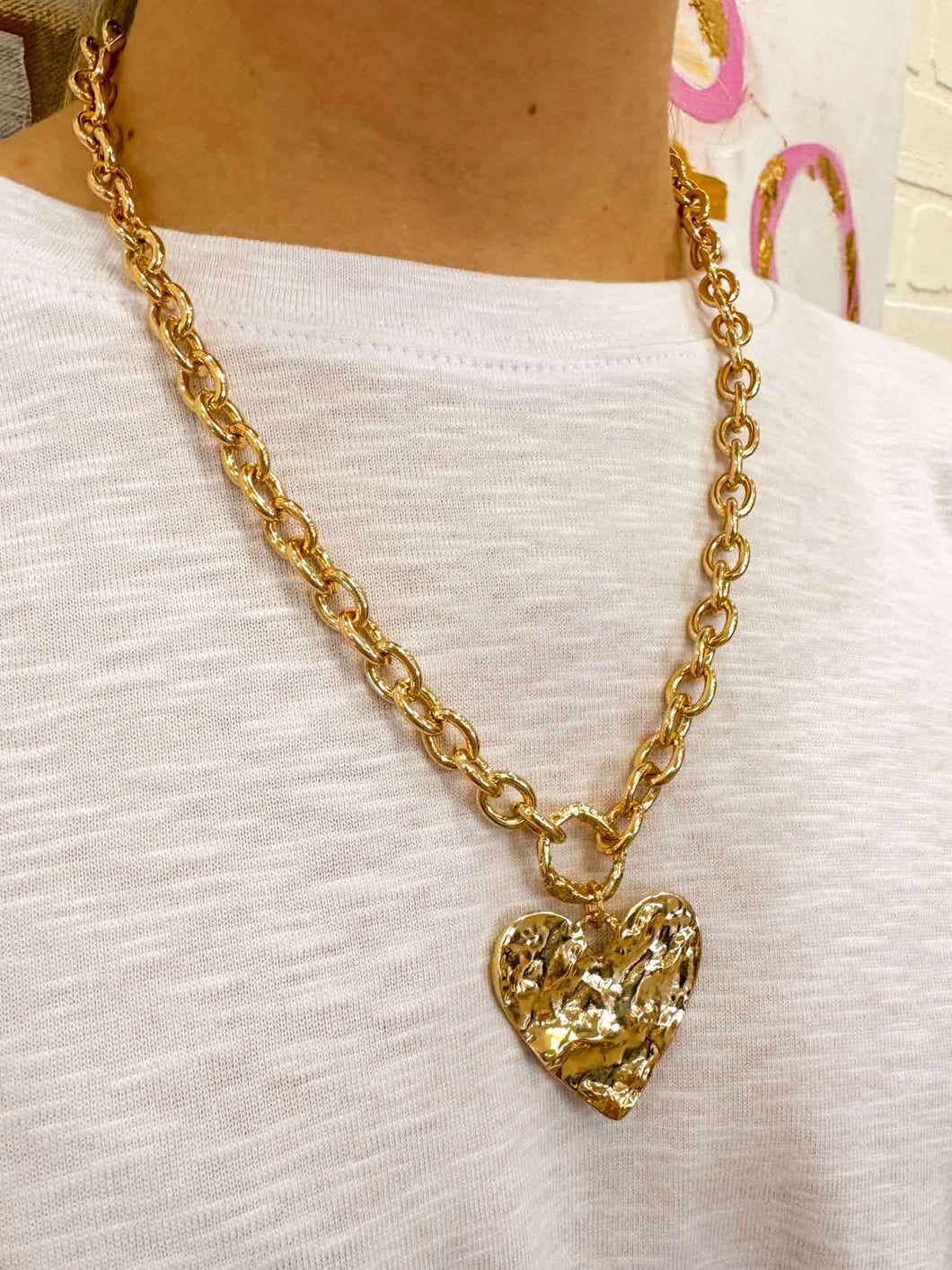 Gold Heart and Chain Hammered Layered Necklace