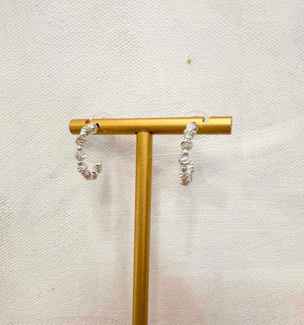 Twisted Small Silver Bead Hoop Earring