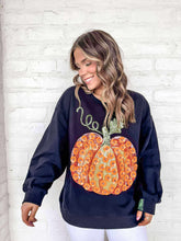 Load image into Gallery viewer, Queen Of Sparkles Black And Orange Pumpkin Flower Sweatshirt