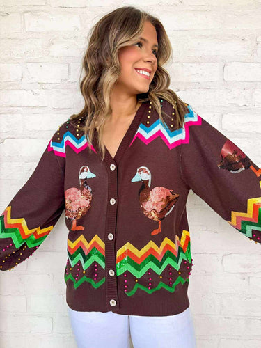 Queen Of Sparkles Brown Multi Zig Zag Duck Cardigan