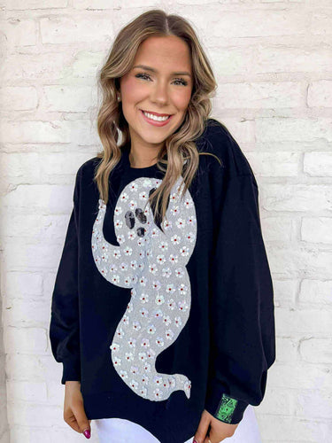 Queen Of Sparkles Black And White Flower Sequin Ghost Sweatshirt