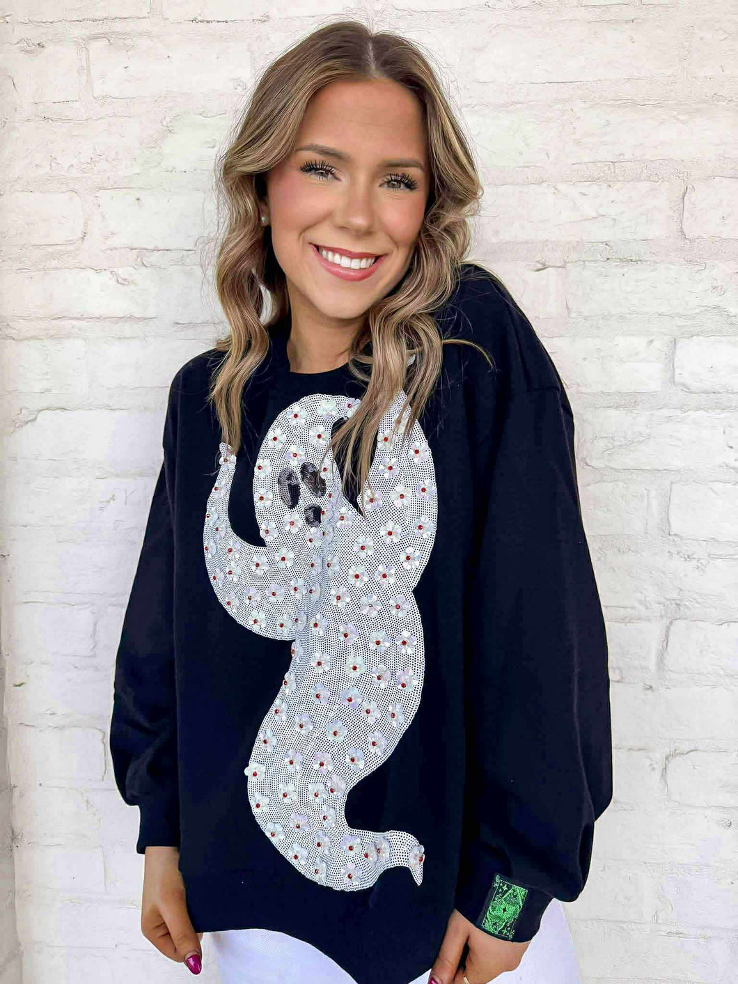 Queen Of Sparkles Black And White Flower Sequin Ghost Sweatshirt