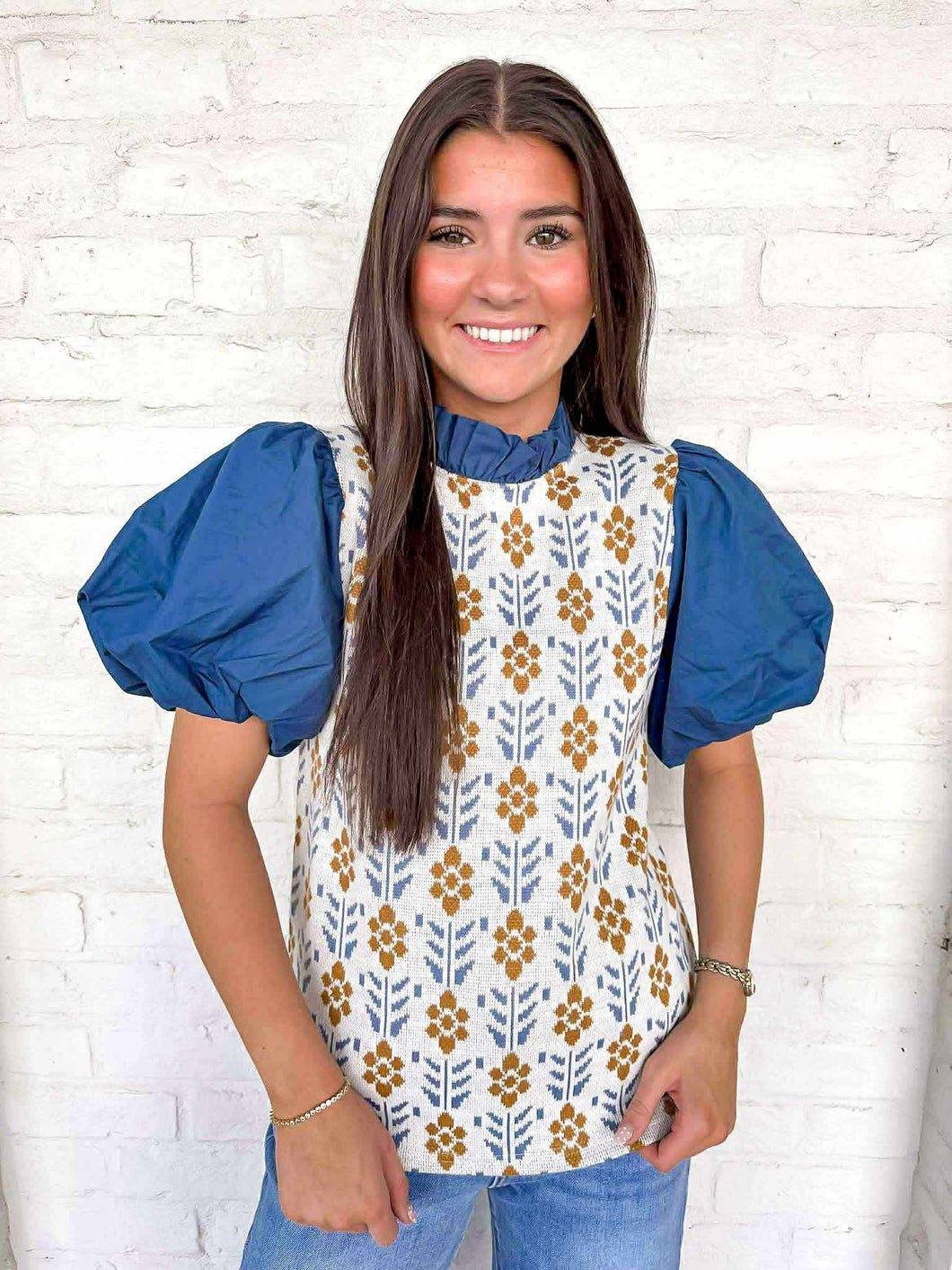 THML Mixed Media Floral Cream Top