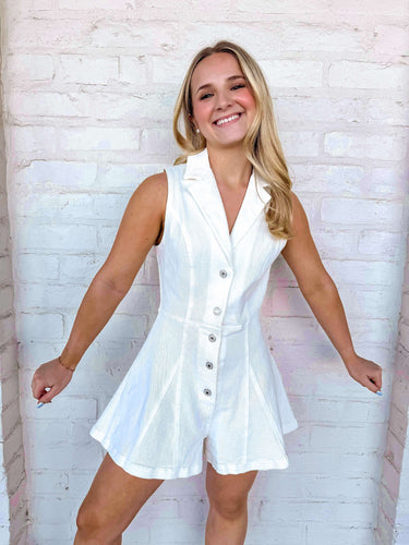 Play The Game White Denim Romper