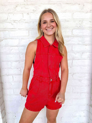 Away From Home Red Denim Romper