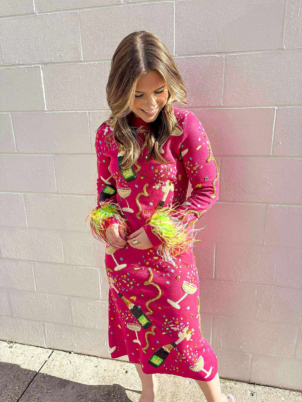 Queen Of Sparkles Hot Pink Popping Champagne Bottle Feather Sleeve Midi Dress