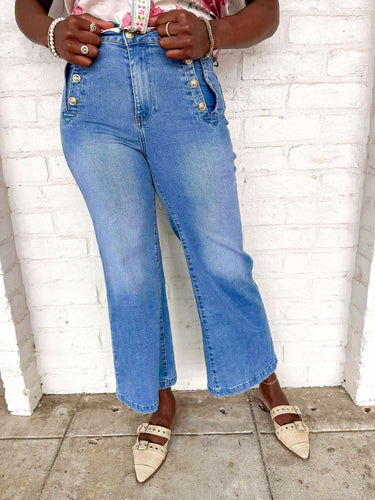 Happiest Moment Washed Blue Straight Flare With Button Detail