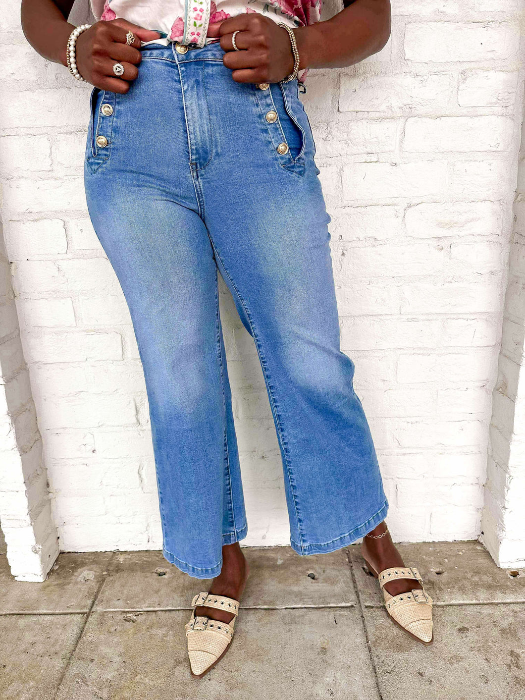 Happiest Moment Washed Blue Straight Flare With Button Detail