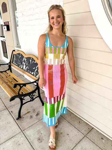 Queen Of Sparkles Colorblock Stripe Knit Midi Dress