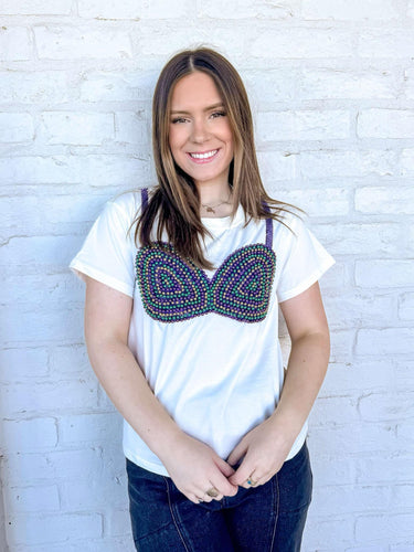 Queen Of Sparkles White Mardi Gras Bikini Bead Tee