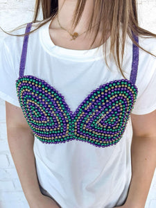 Queen Of Sparkles White Mardi Gras Bikini Bead Tee