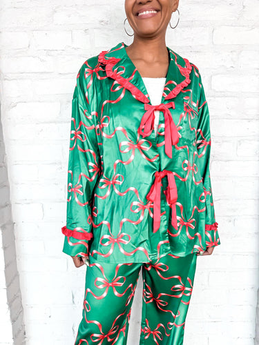Queen Of Satin Bow Christmas Pajama Set Green