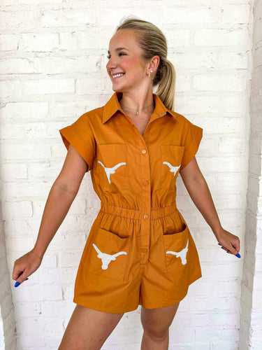 Queen Of Sparkles Burnt Orange Texas Mascot Romper