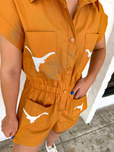 Load image into Gallery viewer, Queen Of Sparkles Burnt Orange Texas Mascot Romper