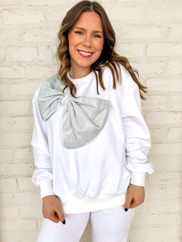 Queen Of Sparkles Rhinestone White Bow Sweatshirt