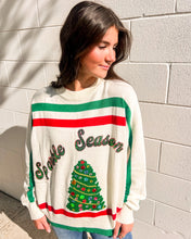 Load image into Gallery viewer, Model wearing Queen of Sparkles “Sparkle Season” stripe sweater with jeweled Christmas tree, oversized fit