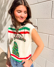 Load image into Gallery viewer, White striped holiday top with sequin “Sparkle Season” lettering and embellished Christmas tree