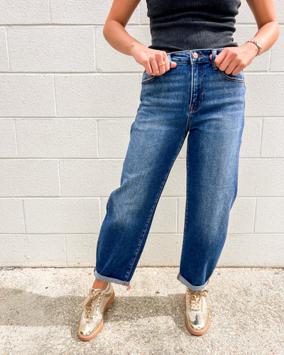 Bring The Joys Dark High Rise Crop Barrel Jeans