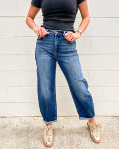 Bring The Joys Dark High Rise Crop Barrel Jeans