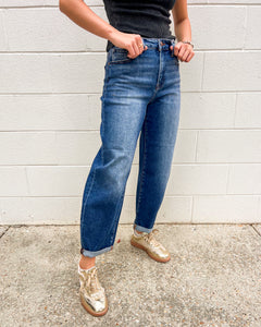 Bring The Joys Dark High Rise Crop Barrel Jeans