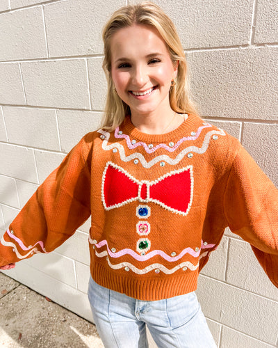 Queen Of Sparkles Brown Gingerbread Man Jewel Sweater