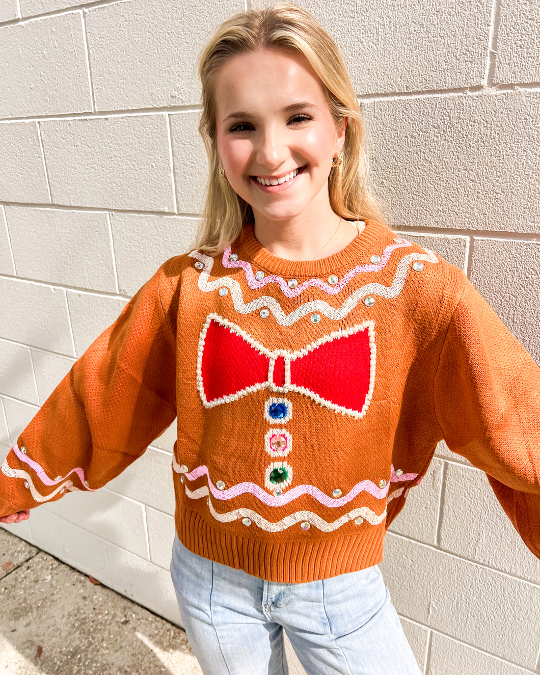 Queen Of Sparkles Brown Gingerbread Man Jewel Sweater