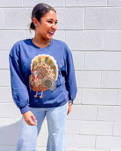 Queen Of Sparkles navy sequin turkey Thanksgiving sweatshirt