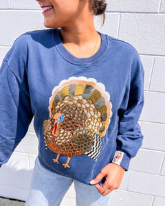 Queen Of Sparkles navy sequin turkey Thanksgiving sweatshirt