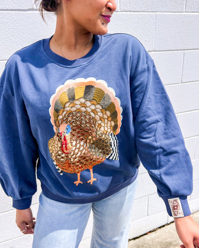 Queen Of Sparkles navy sequin turkey Thanksgiving sweatshirt