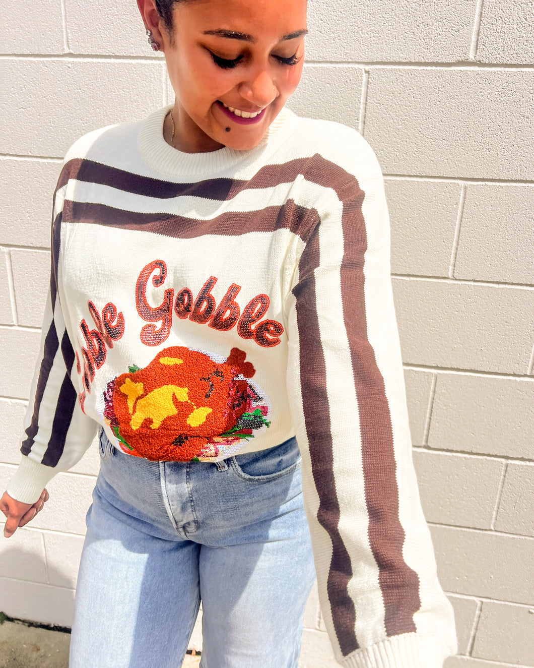Festive brown stripe long sleeve holiday sweater by Queen of Sparkles