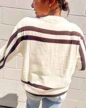 Load image into Gallery viewer, Festive brown stripe long sleeve holiday sweater by Queen of Sparkles
