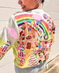 Festive Queen of Sparkles Christmas sweater with candy canes and trees