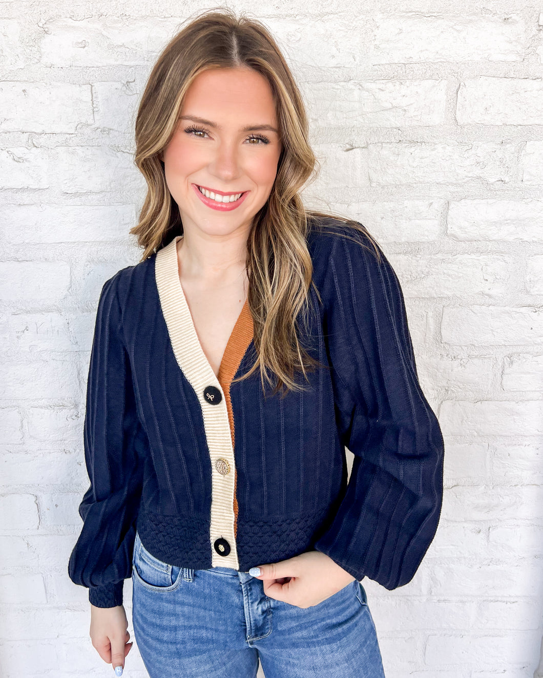 THML Refer To You Navy Color-block Cardigan