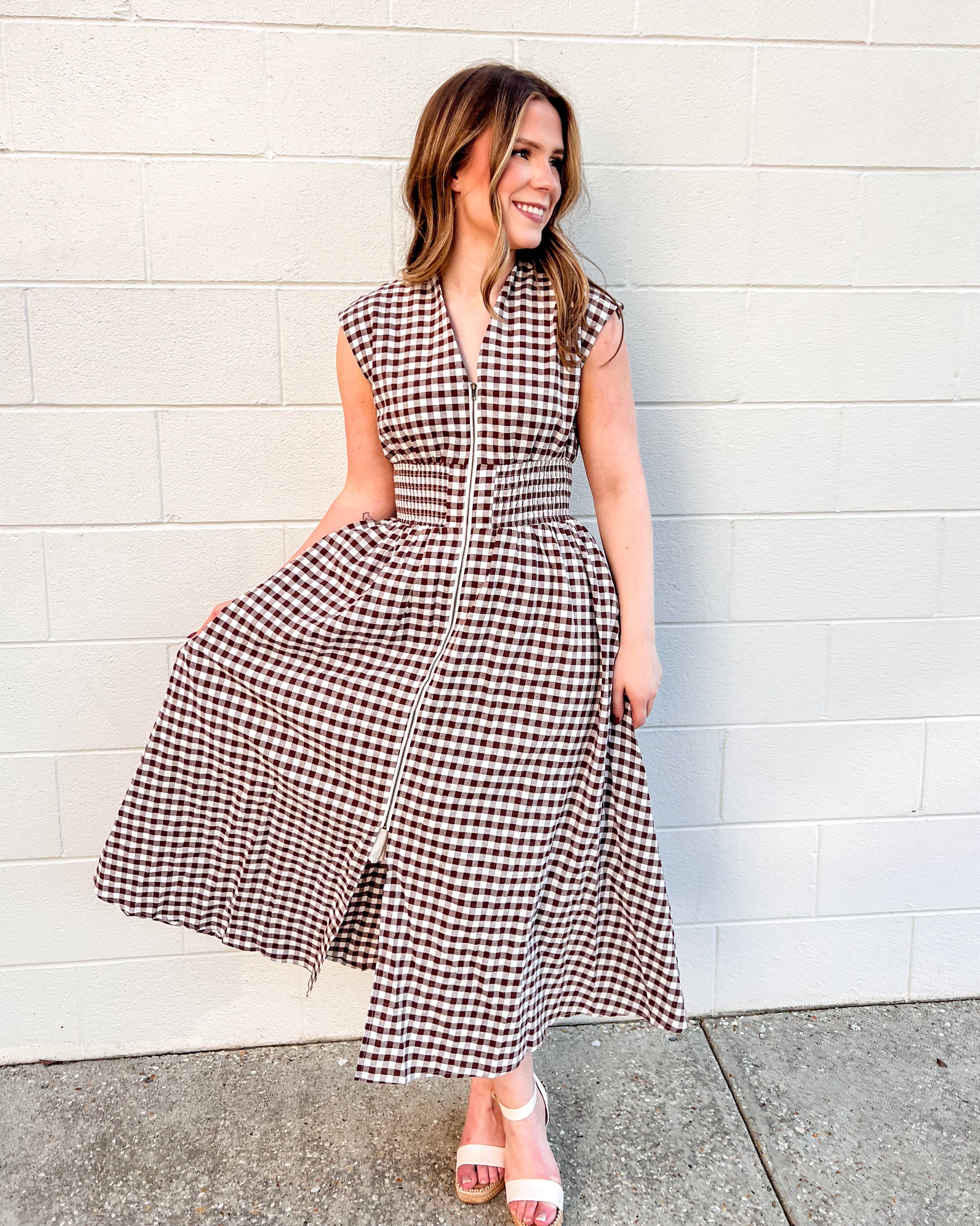 Nadine Gingham Midi Dress Large / Brown