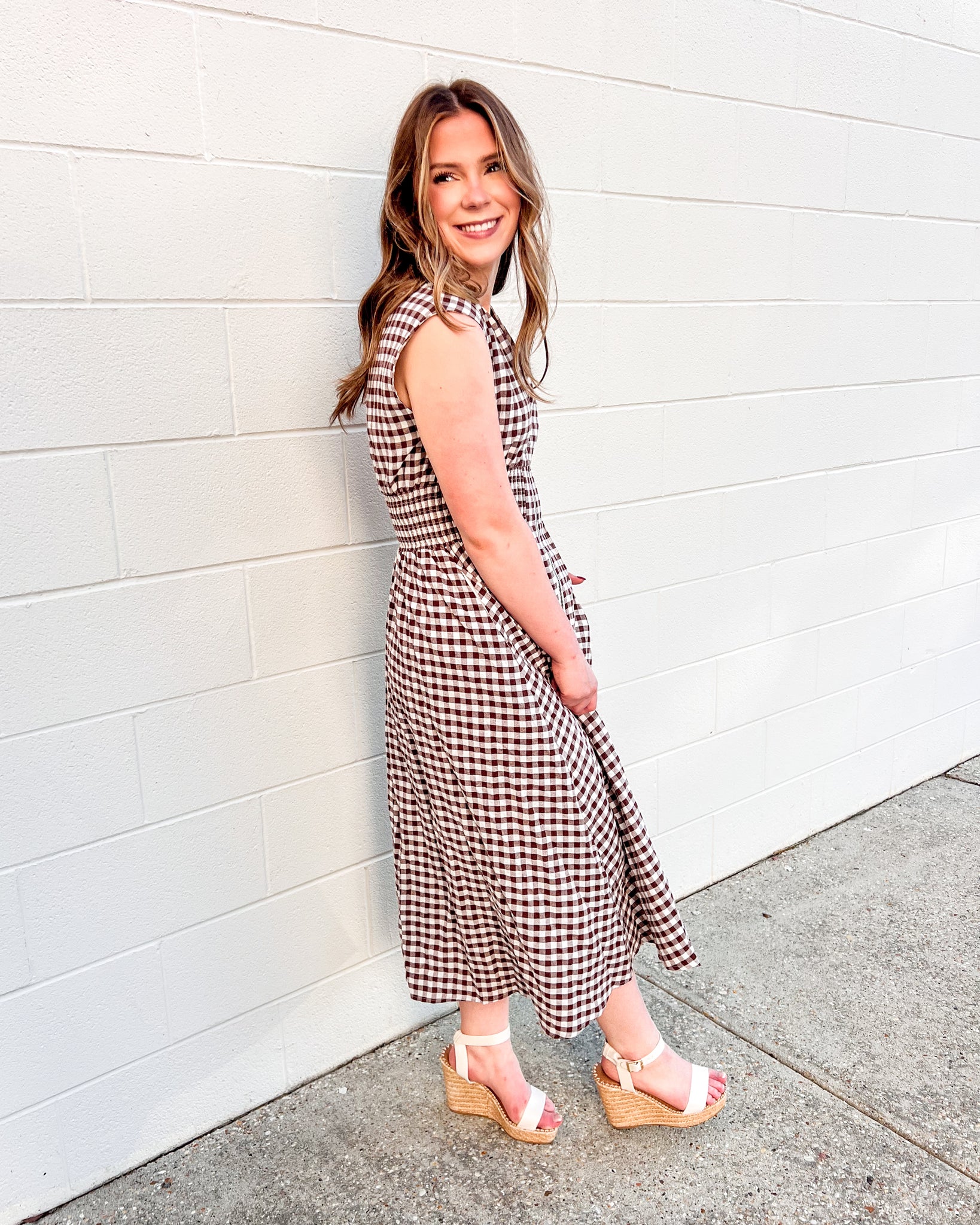 Nadine Gingham Midi Dress Large / Brown Nadine Gingham Midi Dress Large / Brown