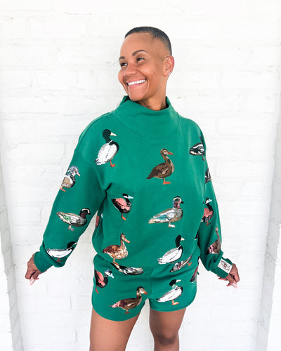 Queen Of Sparkles Dark Green Mock Neck Duck Sweatshirt