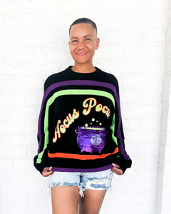 Queen of Sparkles Hocus Pocus Sweater - Black Halloween Knit Top with Sequin cauldron 